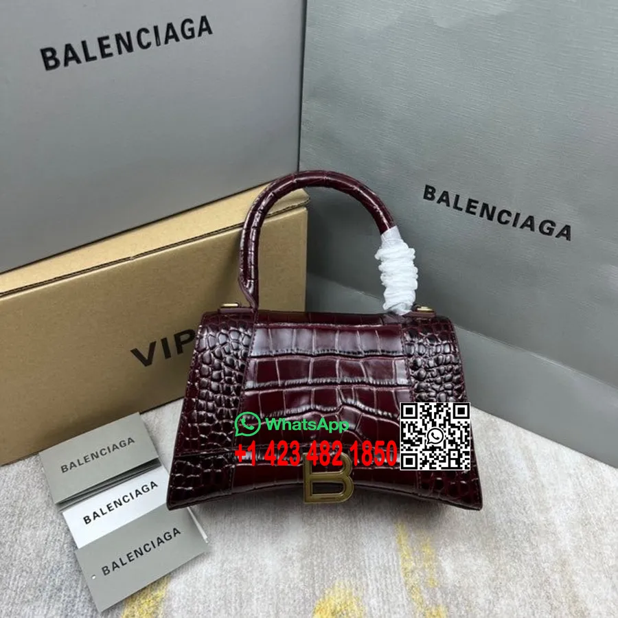 Balenciaga Liivakellakott 23cm 92940 Krokodill Reljeefne Vasikanahk Kullast Riistvara Kevad/suvi 2022 Kollektsioon, Burgundia