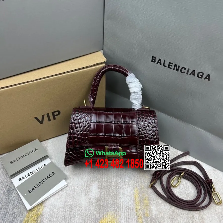 Balenciaga Timeglass Bag 20cm 92940 Krokodillepreget Kalveskinn Gull Hardware Vår/sommer 2022 Kolleksjon, Burgunder