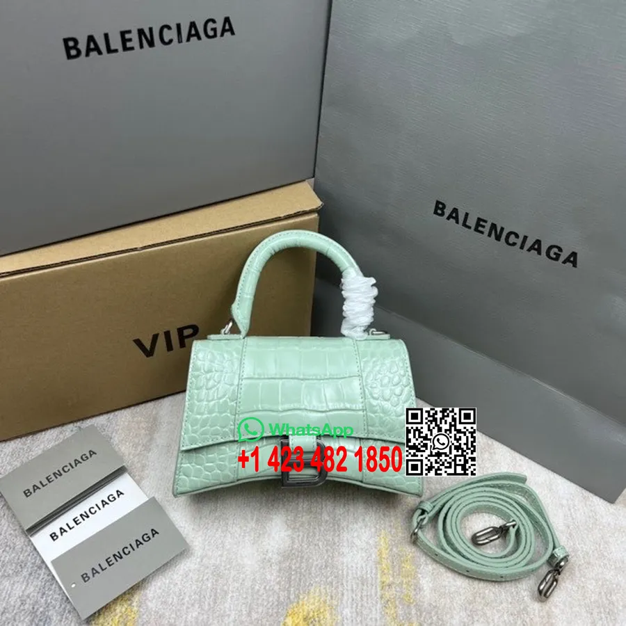 Balenciaga Timeglassveske 20cm 92940 Krokodillepreget Kalveskinn Sølv Hardware Vår/sommer 2022 Kolleksjon, Mint