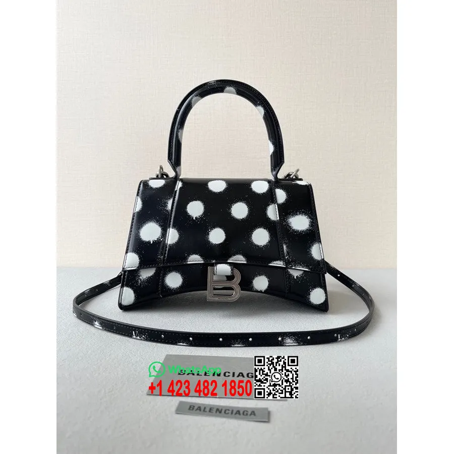 Balenciaga Täpiline Liivakellakott 23cm 92940 Vasikanahast Kevad/suvi 2022 Kollektsioon, Must/valge