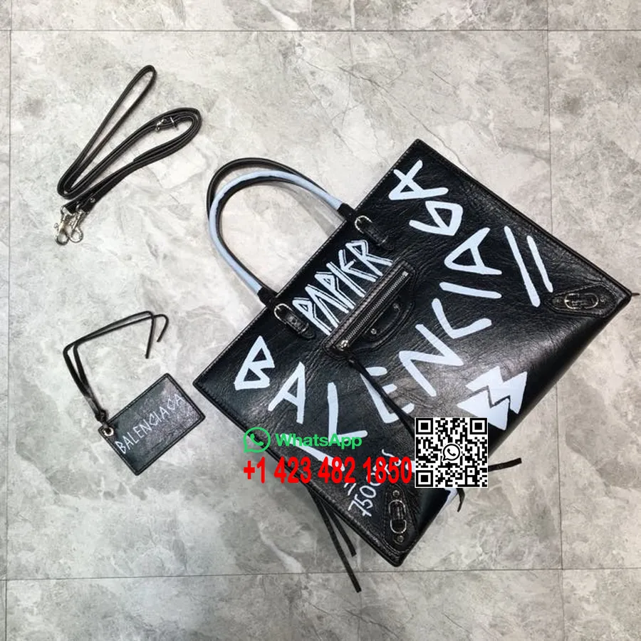 Balenciaga Graffiti-logo City-einkaufstasche, 33 Cm, Kalbsleder, Frühjahr/sommer-kollektion 2022, Schwarz