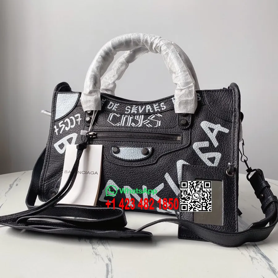 Balenciaga Graffiti-logo-stadttasche, 30 Cm, Kalbsleder, Frühjahr/sommer-kollektion 2022, Schwarz/weiß