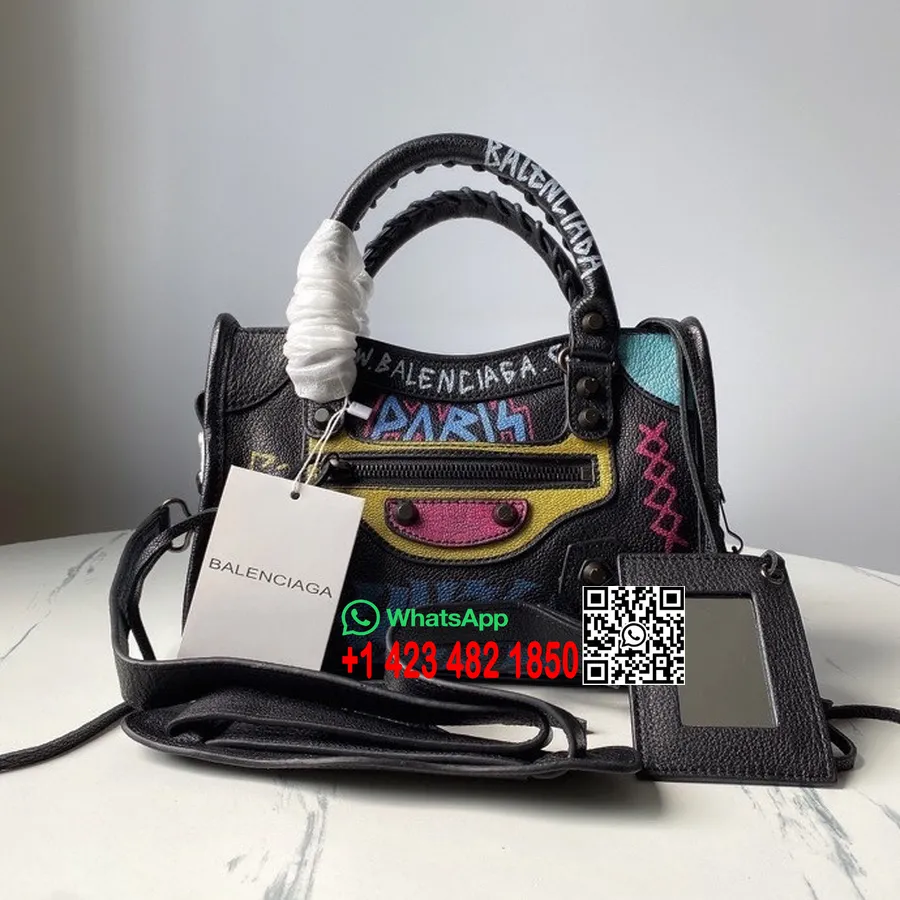 Balenciaga Graffiti Logo Mini City Bag 24 Cm Kalbsleder Frühjahr/sommer 2022 Kollektion, Schwarz