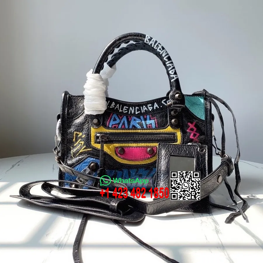 Balenciaga Graffiti Logo Mini City Bag 24 Cm Kalbsleder Frühjahr/sommer 2022 Kollektion, Schwarz