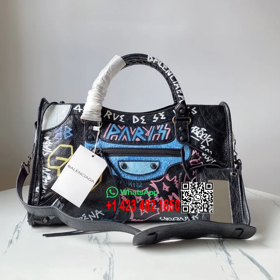 Balenciaga Graffiti Logo City Bag 38 Cm Kalbsleder Frühjahr/sommer 2022 Kollektion, Schwarz