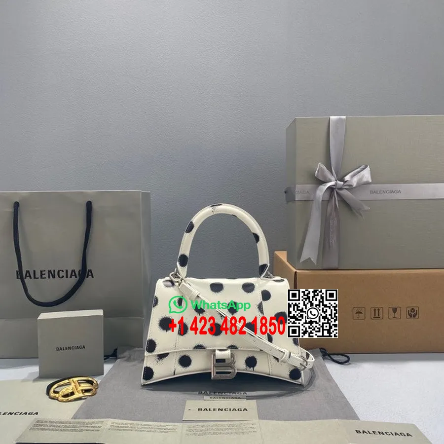 Balenciaga Timeglass Prikkete Veske 23cm 92940 Kalveskinn Vår/sommer 2022 Kolleksjon, Hvit/svart