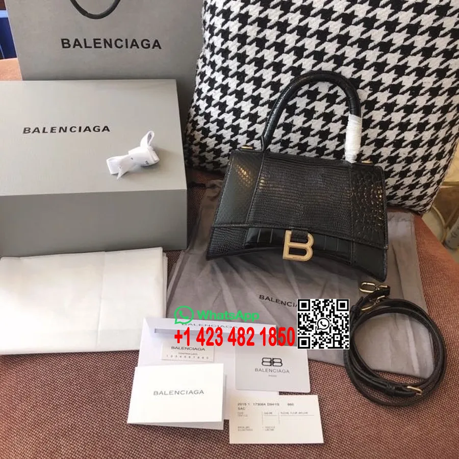 Balenciaga Taška Přesýpacích Hodin 24cm Razítko Ještěrka/krokc Teletina Kůže Staré Zlaté Hardware Kolekce Podzim/zima 2020,čern