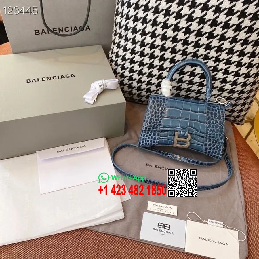 Balenciaga Sanduhr-tasche, 20 Cm, Krokodilprägung, Kalbsleder, Gealterte Silberne Hardware, Herbst/winter-kollektion 2020, Marin