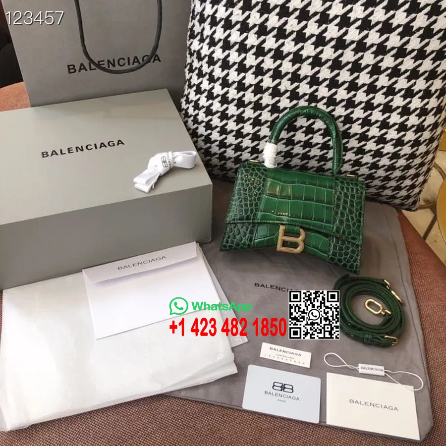 Balenciaga Sanduhr-tasche, 20 Cm, Krokoprägung, Kalbsleder, Gealterte Goldene Hardware, Herbst/winter-kollektion 2020, Dunkelgrü