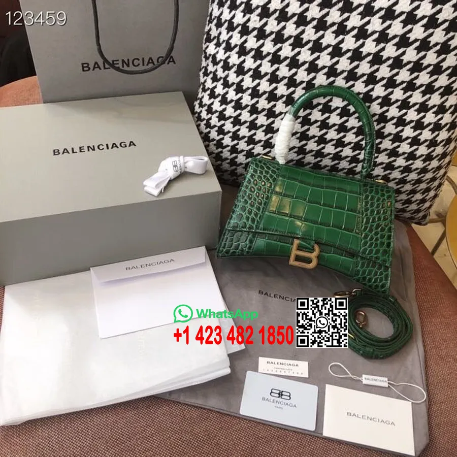 Balenciaga Zandloper Tas 24 Cm Krokodillenstempel Kalfsleer Verouderde Gouden Hardware Herfst/winter 2020 Collectie, Donkergroen