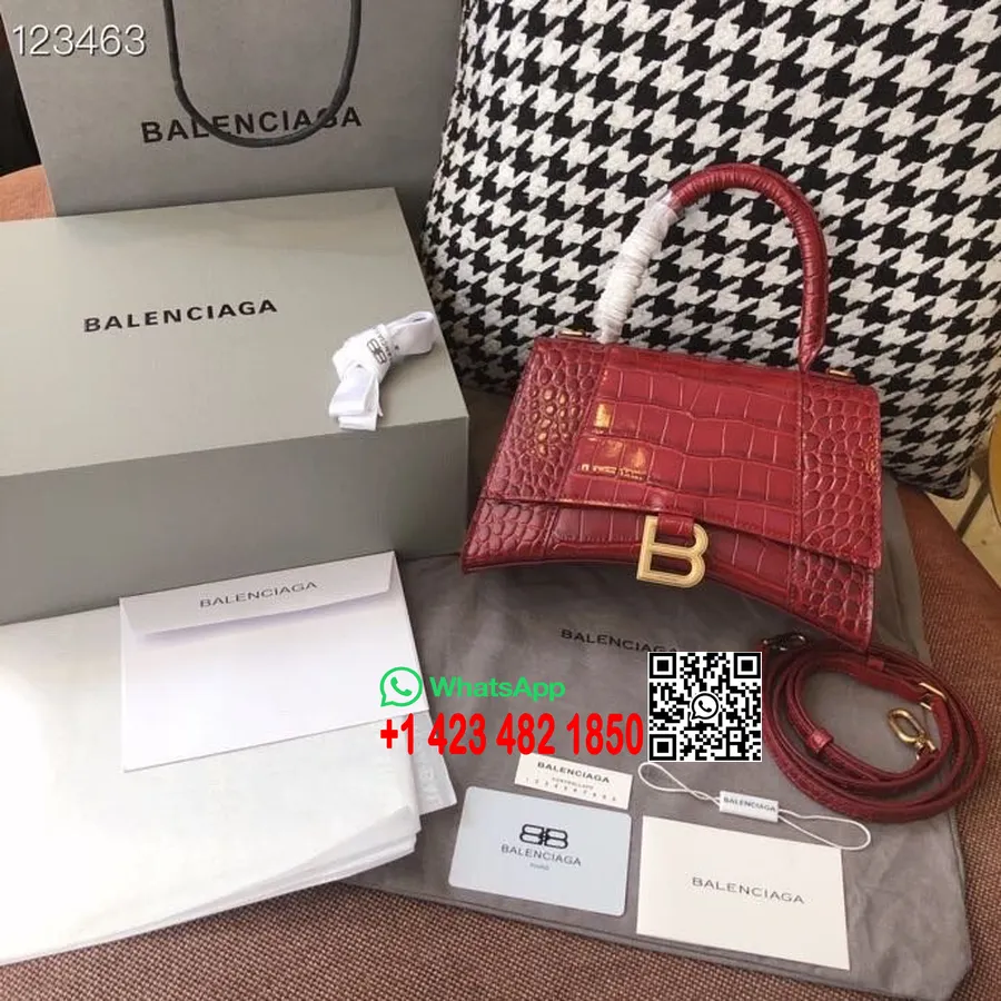 Balenciaga Sanduhr-tasche, 24 Cm, Krokoprägung, Kalbsleder, Gealterte Goldbeschläge, Herbst/winter-kollektion 2020, Burgunderrot