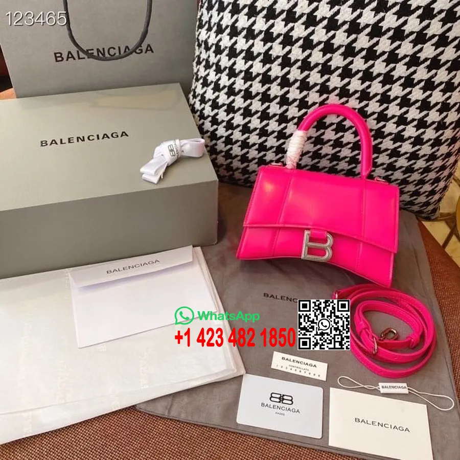 Balenciaga Zandloper Tas 20 Cm Krokodillenstempel Kalfsleer Verouderde Zilver Hardware Herfst/winter 2020 Collectie, Fluo Roze