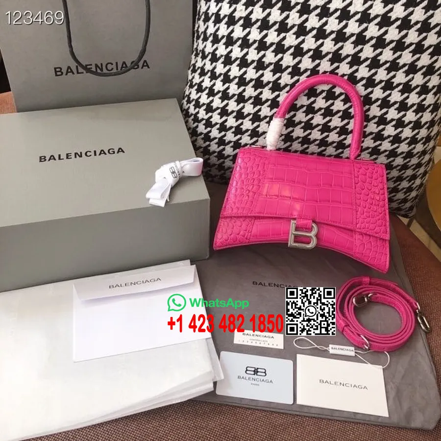 Balenciaga Sanduhr-tasche, 24 Cm, Krokodilprägung, Kalbsleder, Gealterte Silberne Hardware, Herbst/winter-kollektion 2020, Pink