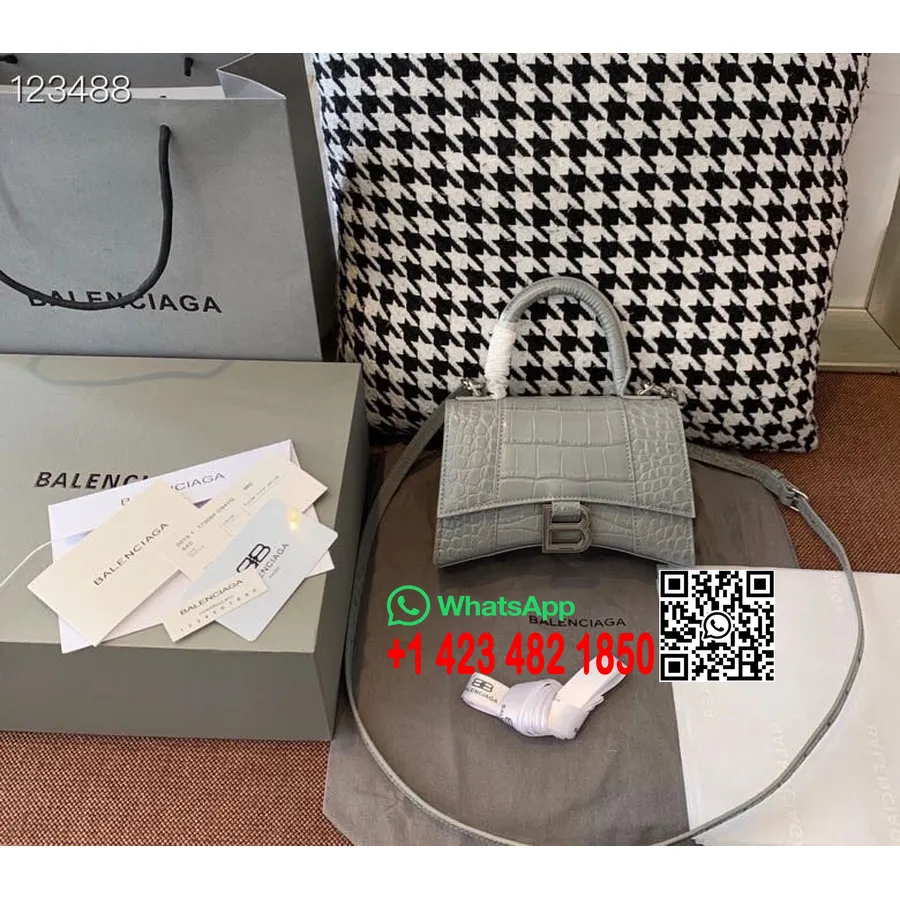 Balenciaga Sanduhr-tasche, 20 Cm, Krokodilprägung, Kalbsleder, Gealterte Silberne Hardware, Herbst/winter-kollektion 2020, Grau