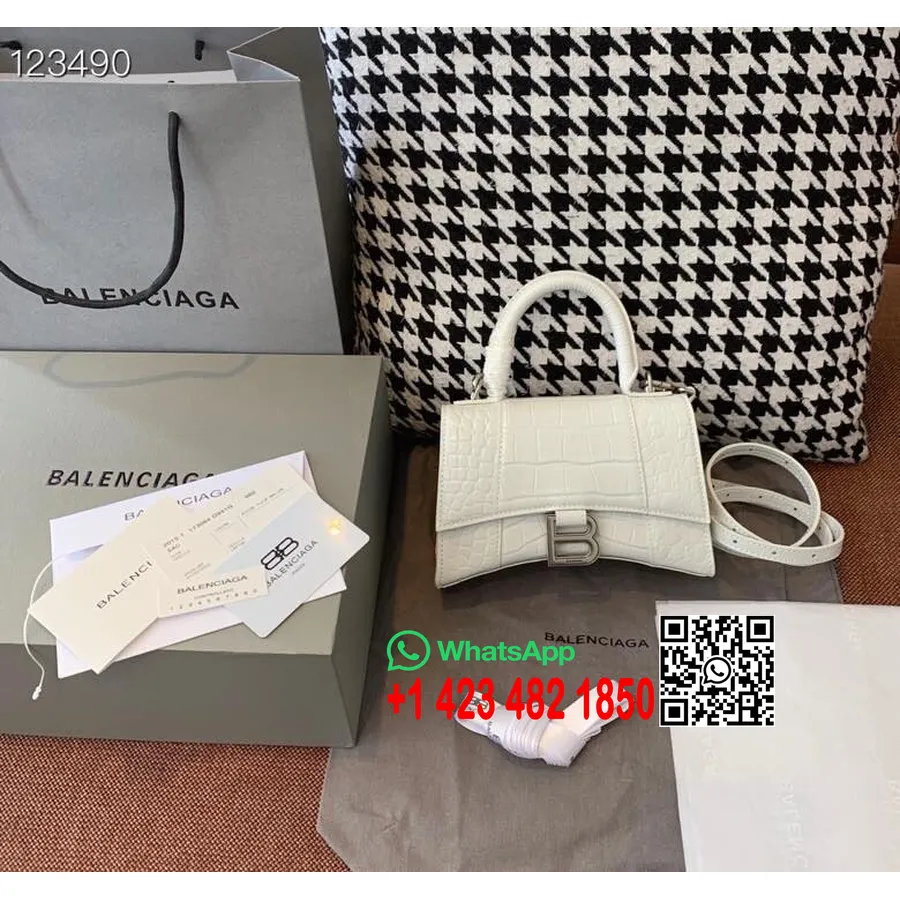 Balenciaga Sanduhr-tasche, 20 Cm, Krokodilprägung, Kalbsleder, Gealterte Silberne Hardware, Herbst/winter-kollektion 2020, Weiß