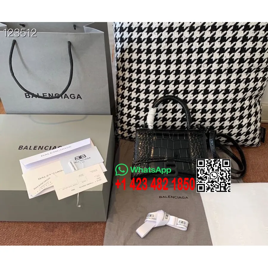 Balenciaga Sanduhr-tasche, 20 Cm, Krokoprägung, Kalbsleder, Matte Hardware, Herbst/winter-kollektion 2020, Schwarz