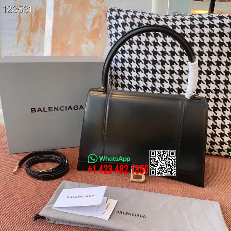 Borsa A Clessidra Balenciaga 32 Cm Pelle Di Vitello Hardware Argento Invecchiato Collezione Autunno/inverno 2020, Nero