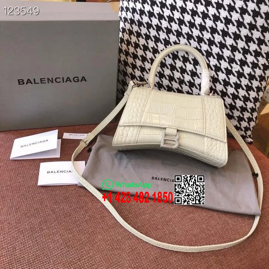 Balenciaga Sanduhr-tasche, 20 Cm, Krokodilprägung, Kalbsleder, Gealterte Silberne Hardware, Herbst/winter-kollektion 2020, Weiß