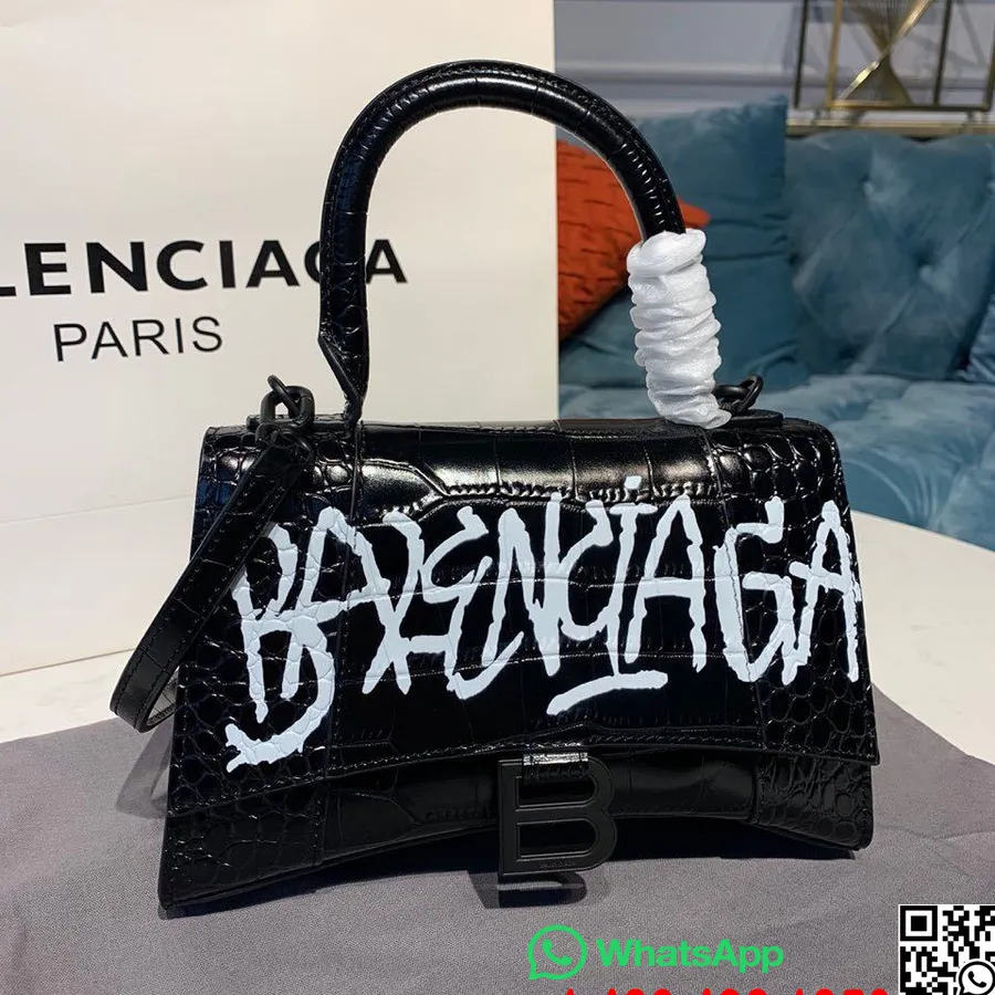 Balenciaga Graffiti Liivakellakott 24cm Krokodilliga Reljeefne X Box Vasikanahast Nahast Kevad/suvi 2020 Kollektsioon, Must