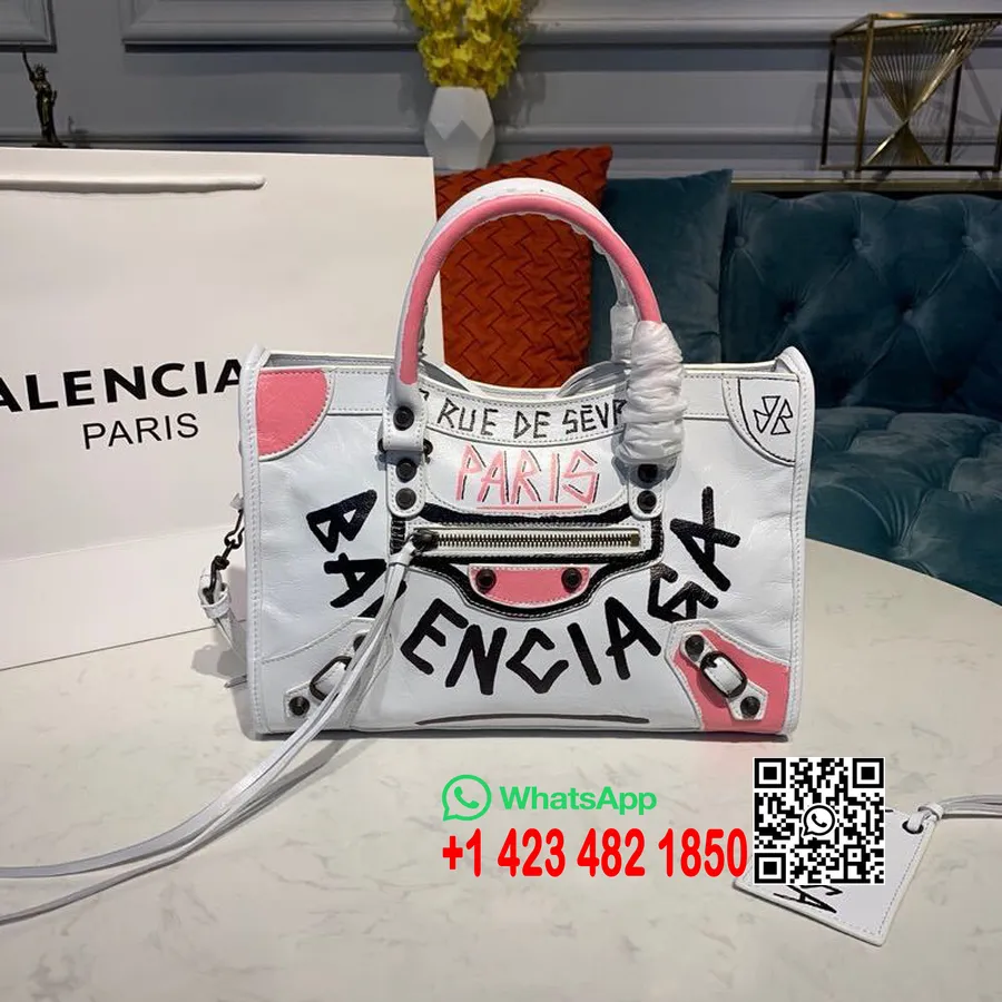 Balenciaga Graffiti Borsa Classica Da Città 30cm Hardware Rutenio Pelle Di Agnello Collezione Primavera/Estate 2019, Bianco/Nero