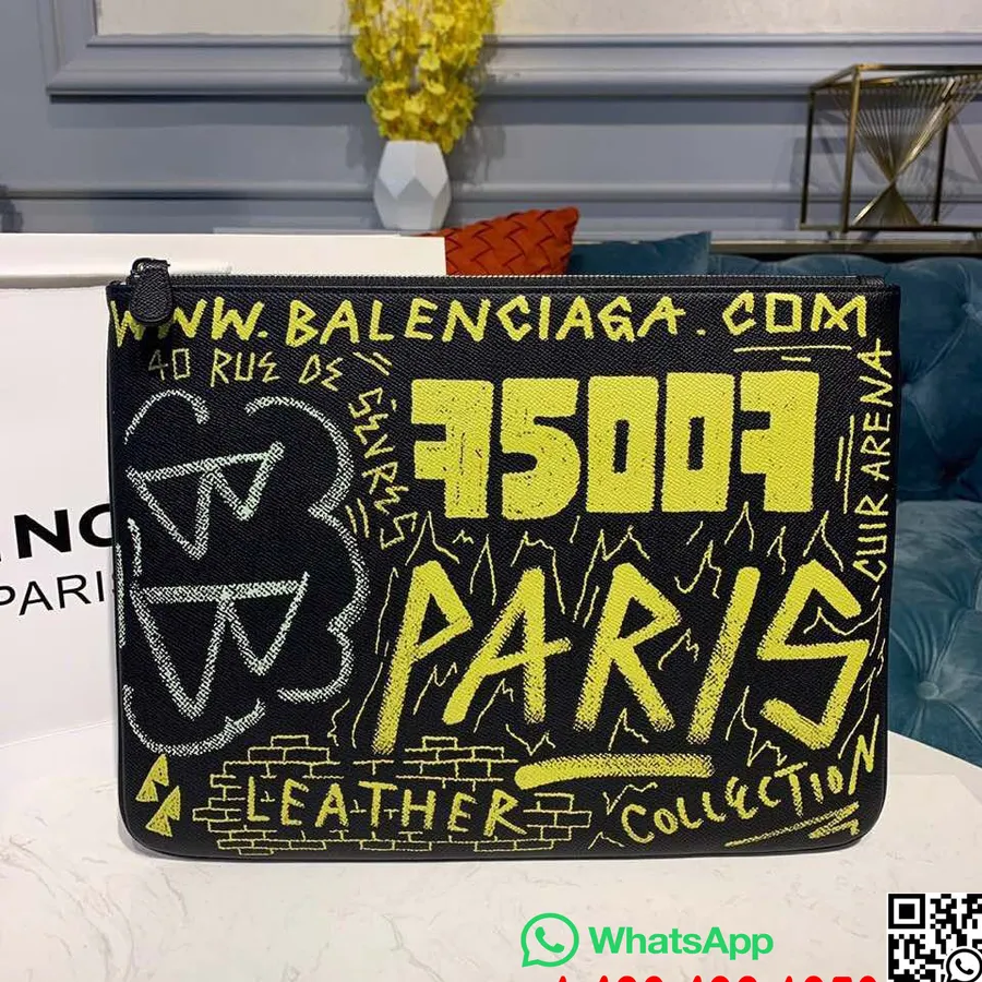 Balenciaga Bazar Graffiti Pouzdro 33cm Potištěné Telecí Kůže Kolekce Podzim/zima 2019, černá/žlutá