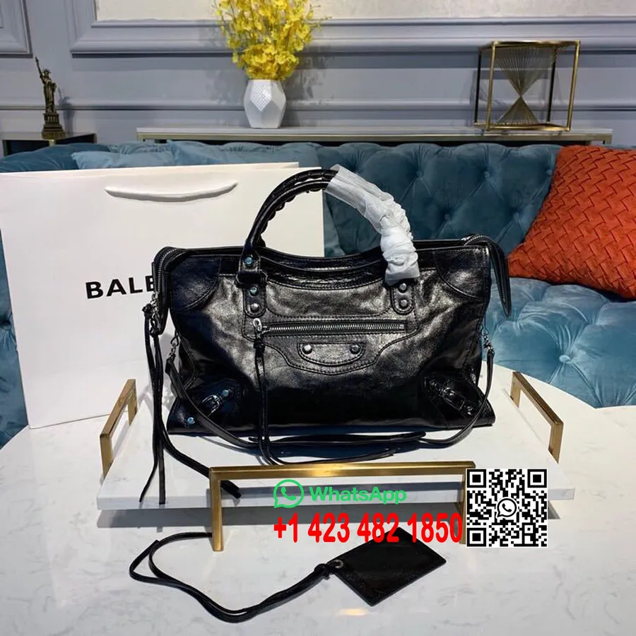 Klassische City-Tasche Von Balenciaga, 38 Cm, Silberfarbene Hardware, Lammleder, Frühjahr/Sommer-Kollektion 2019, Schwarz