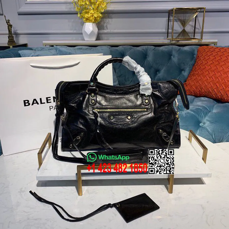 Klassische City-Tasche Von Balenciaga, 38 Cm, Goldene Hardware, Lammleder, Frühjahr/Sommer-Kollektion 2019, Schwarz