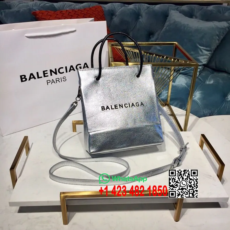 Balenciaga Shopping Tote XXS Bag 20cm Natural Grain Calfskin Leather Spring/Summer 2019 Collection, Silver