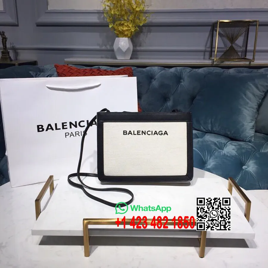 Balenciaga Cabas Pochette In Tela Con Finiture In Pelle 26 Cm Collezione Primavera/estate 2019, Bianco/nero