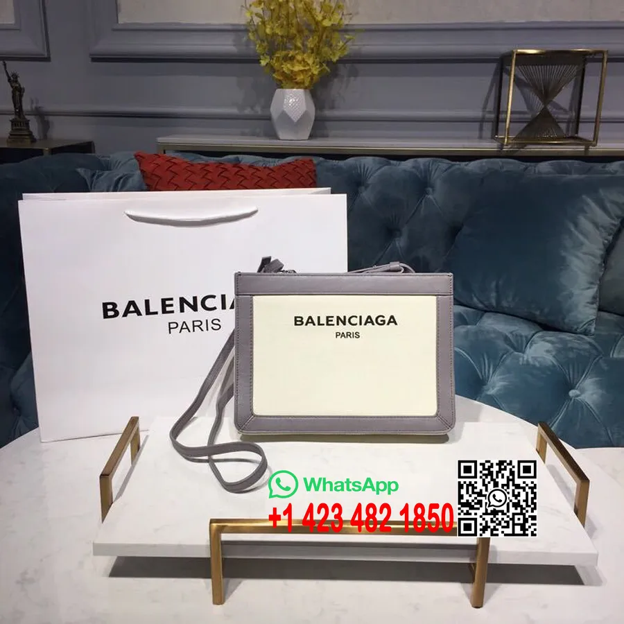 Balenciaga Cabas Pochette In Tela Con Finiture In Pelle 26 Cm Collezione Primavera/estate 2019, Grigio/bianco