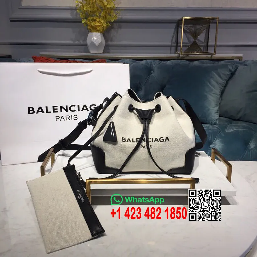 Balenciaga Borsa A Secchiello Borsa Tote In Tela Con Finiture In Pelle 25cm Collezione Primavera/estate 2019, Bianco/nero