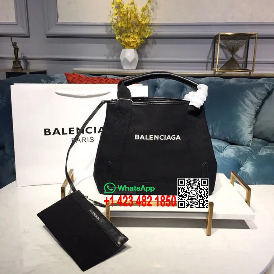 Balenciaga Cabas Canvas-Einkaufstasche Mit Lederbesatz, 30 Cm, Frühjahr/Sommer-Kollektion 2019, Schwarz