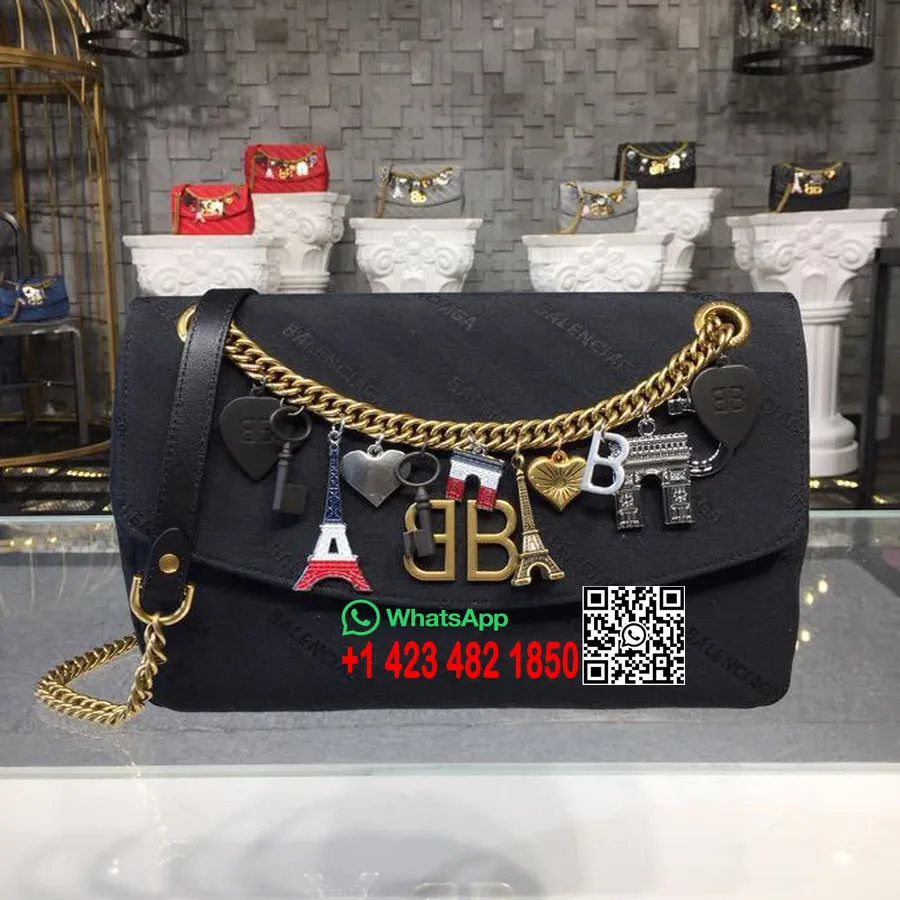 Balenciaga Lock Round BB Logo Charms Chain Umhängetasche 28 Cm Kalbsleder Frühjahr/Sommer 2018 Kollektion Schwarz