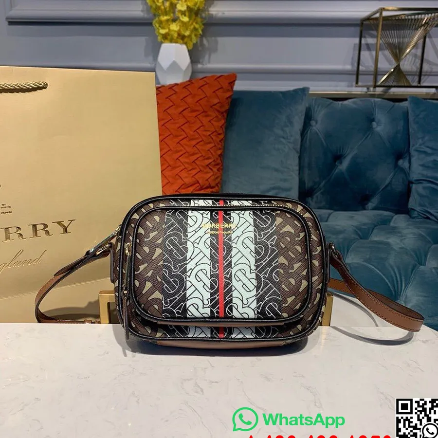 Burberry Tb λογότυπο τσάντα κάμερας 18cm με επικάλυψη καμβά συλλογή φθινόπωρο/χειμώνας 2019, καφέ