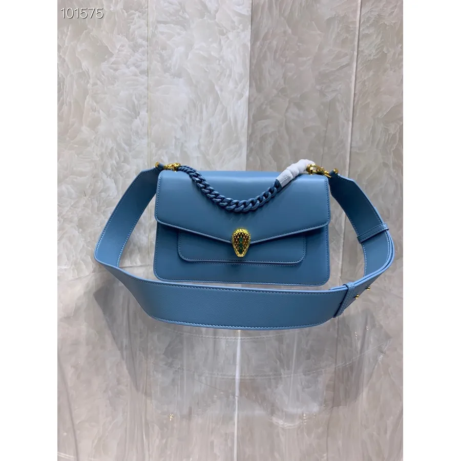 Bvlgari Serpenti Forever Maxi Chain Crossbody Bag 25cm 290767 Koleksi Kulit Nappa Musim Gugur/dingin 2022, Niagara Sapphire Biru