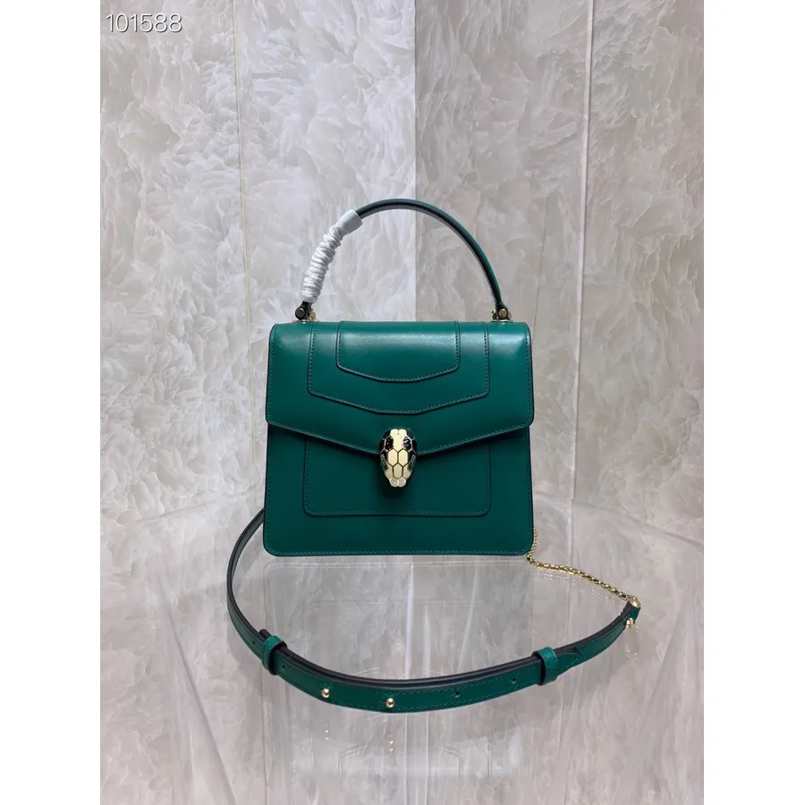 Bvlgari Serpenti Forever Top Handle Crossbody Bag 20cm 38329 Calfskin Leather Fall/Winter 2022 Collection, Green/Green Malachite