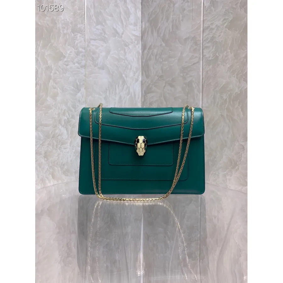 Bvlgari Serpenti Forever Crossbody Chain Bag 28cm 35106 Koleksi Kulit Anak Sapi Musim Gugur/dingin 2022, Hijau/perunggu Hijau