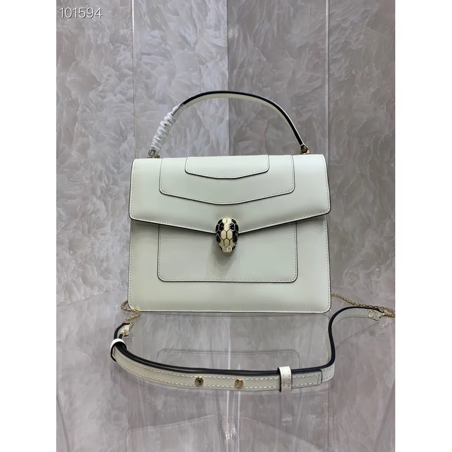 Bvlgari Serpenti Forever Top Handle Crossbody Bag 25cm 38629 Calfskin Leather Fall/Winter 2022 Collection, White/Green Malachite