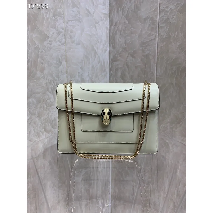 Bvlgari Serpenti Ever Sac Bandoulière Chaîne 28cm 35106 Cuir De Veau Collection Automne/hiver 2022, Blanc/vert Malachite