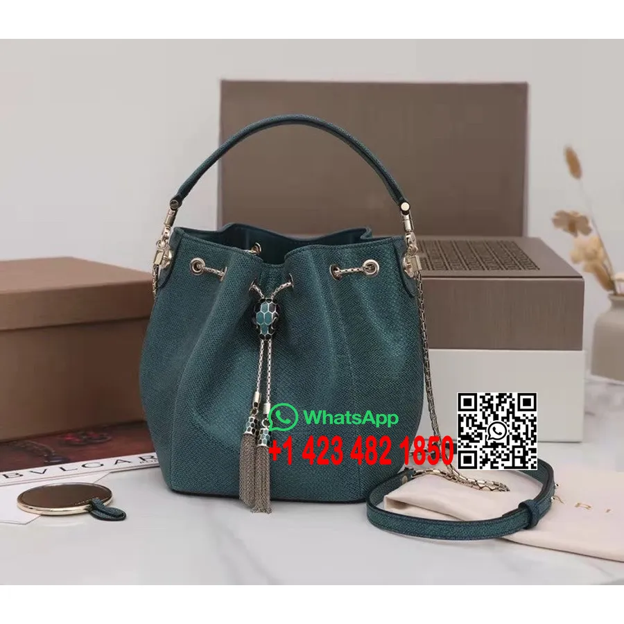 Salinan Tas Ember Bvlgari Serpenti Forever 20cm Koleksi Musim Semi/musim Panas 2022 Kulit Karung Metalik, Hijau Zamrud