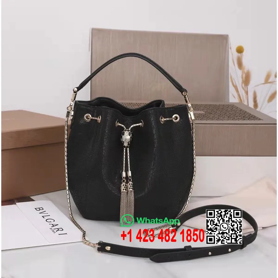 Bvlgari Serpenti Forever Bucket Bag 20cm Metallic Karung Skin Leather Koleksi Musim Semi/musim Panas 2022, Hitam