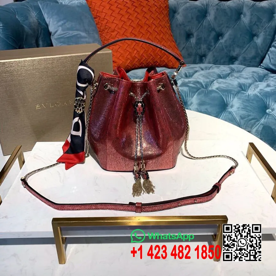 Bulgari Serpenti Forever Bucket Bag 18cm Csillogó Vörös és Fényes Fekete Zománc és Fekete ónix Szemzáró Fém Karung Bőr Spri