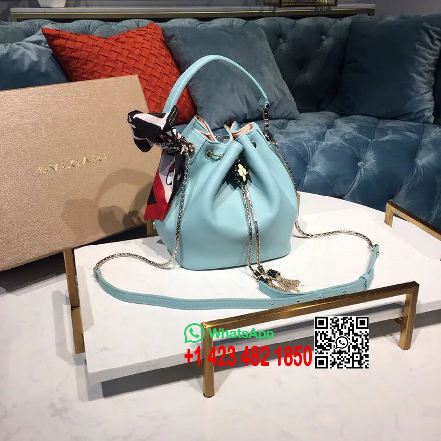 Bulgari Serpenti Forever Bucket Bag 20cm Gletsjer Turquoise/candy Quartz Emaille/zwart Onyx Ogen Sluiting Kalfsleer Veer/s