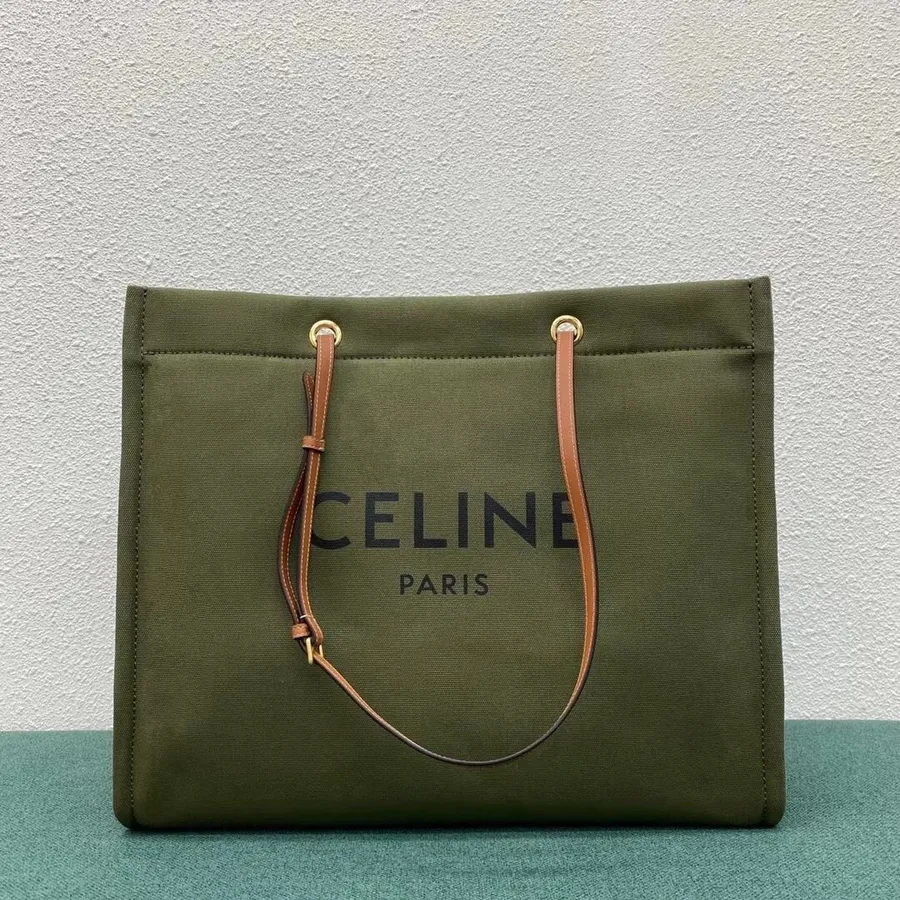 Celine Horizontal Cabas Shopping Tote Bag 43cm Textile Canvas/Calfskin Leather, Olive Green