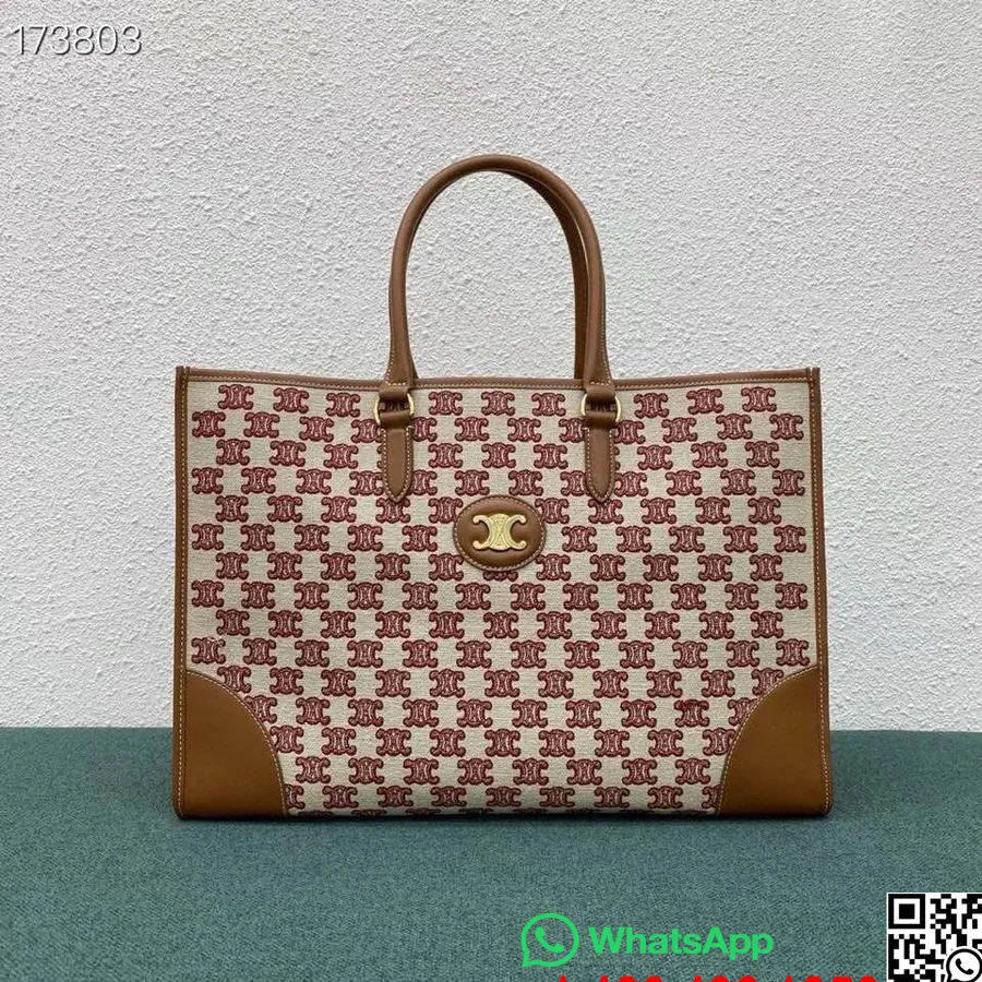 Celine Horizontal Cabas Shopping Tote Bag 43cm Triomphe Tekstil Kanvas/kulit Anak Sapi, Merah Anggur