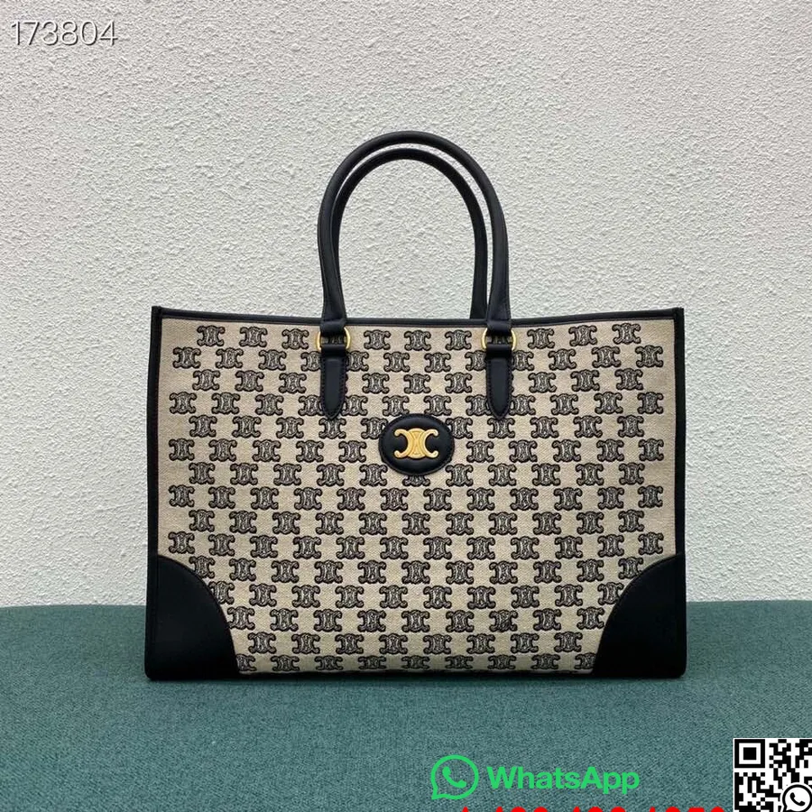 Celine Horizontal Cabas Shopping Tote Bag 43cm Triomphe Tekstil Kanvas/kulit Anak Sapi, Hitam