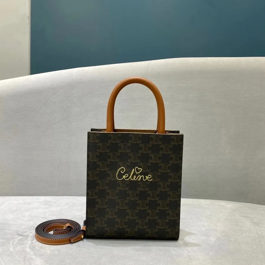 Celine Triomphe Mini Tote Bag 18cm Kulit Anak Sapi Koleksi Musim Gugur/dingin 2020, Hitam/cokelat