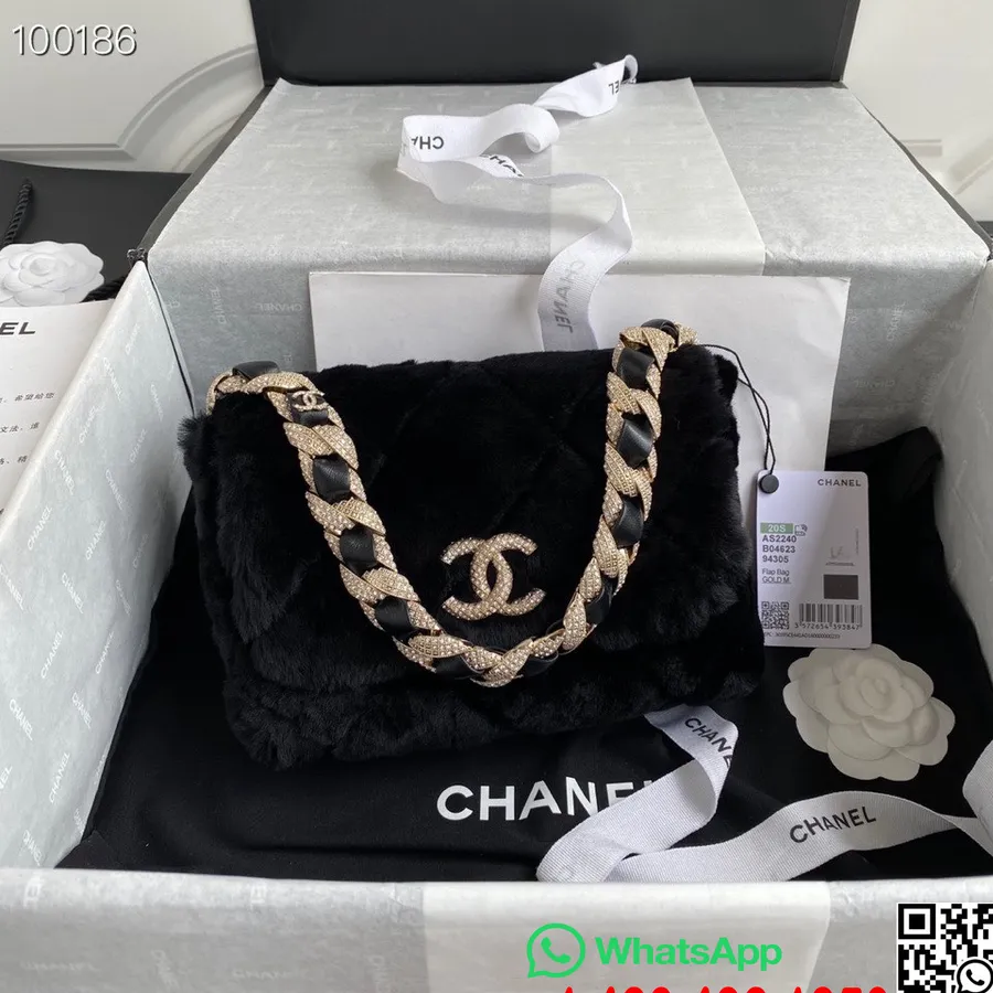 Chanel Shearling Szőrme Csappantyús Táska 22cm As2240 Báránybőr Strassz Fém Ezüst Hardver 2022 őszi/téli Kollekció, Fekete