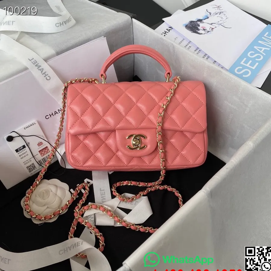 Chanel Mini Klappkott ülemise Käepidemega 20cm As2431 Lambanahast Sügis/talv 2022 Kollektsioon, Lõheroosa