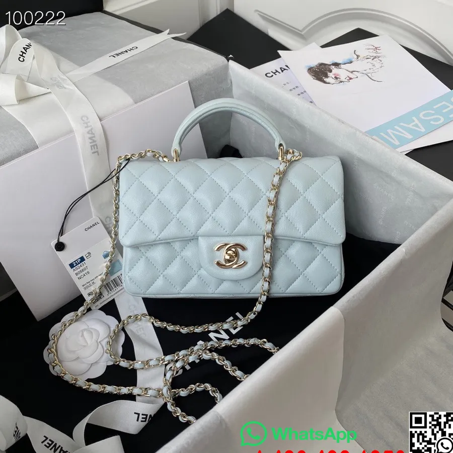 Chanel Mini Bolsa Com Aba Com Alça Superior 20cm As2431 Couro De Cordeiro Coleção Outono/inverno 2022, Azul Gelo